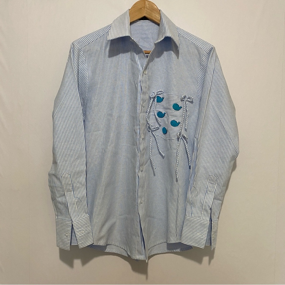MAMO Whale Nautical Coastal Art Shirt Small Blue Stripe Whimsical Button Down